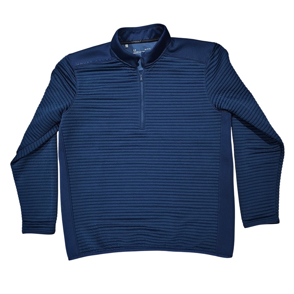 Under Armour ColdGear Men LG Blue Golf Quarter Zip Ribbed Pullover Sweater